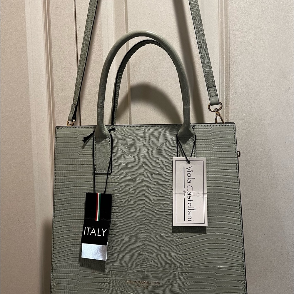 Beautiful Green Leather Lizard Satchel Shoulder Handbag Bag Made in Italy NWT.
